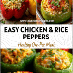 Baking tray filled with red and green bell peppers stuffed with chicken, rice, and herbs.